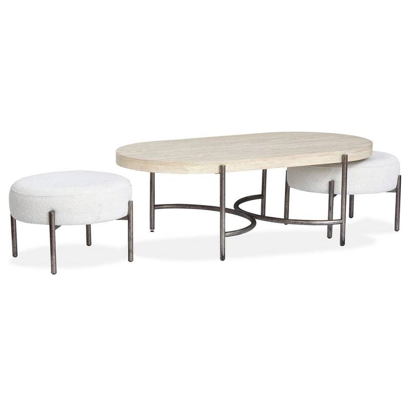 Magnussen Home Jennings Edgecomb Grey and Weathered Antique Nickel Oval Cocktail Table with 2 Ottomans - 52''W x 30''D x 18''H