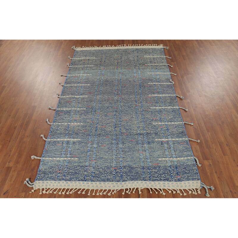 Gray & Blue Striped Moroccan Area Rug Hand-Knotted Wool Carpet - 5'9"x 9'8"