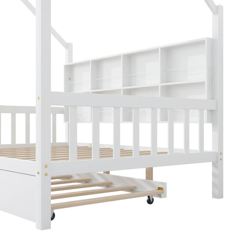 Wooden House Bed with Trundle and Shelf