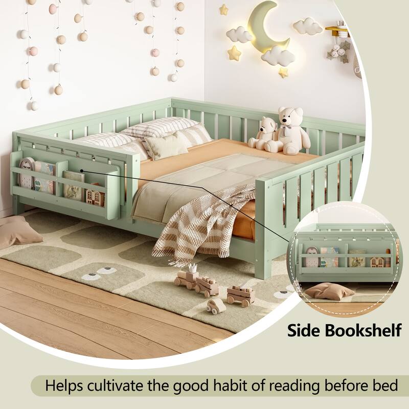 Full bed with built-in bookshelf and high-quality safety guardrail