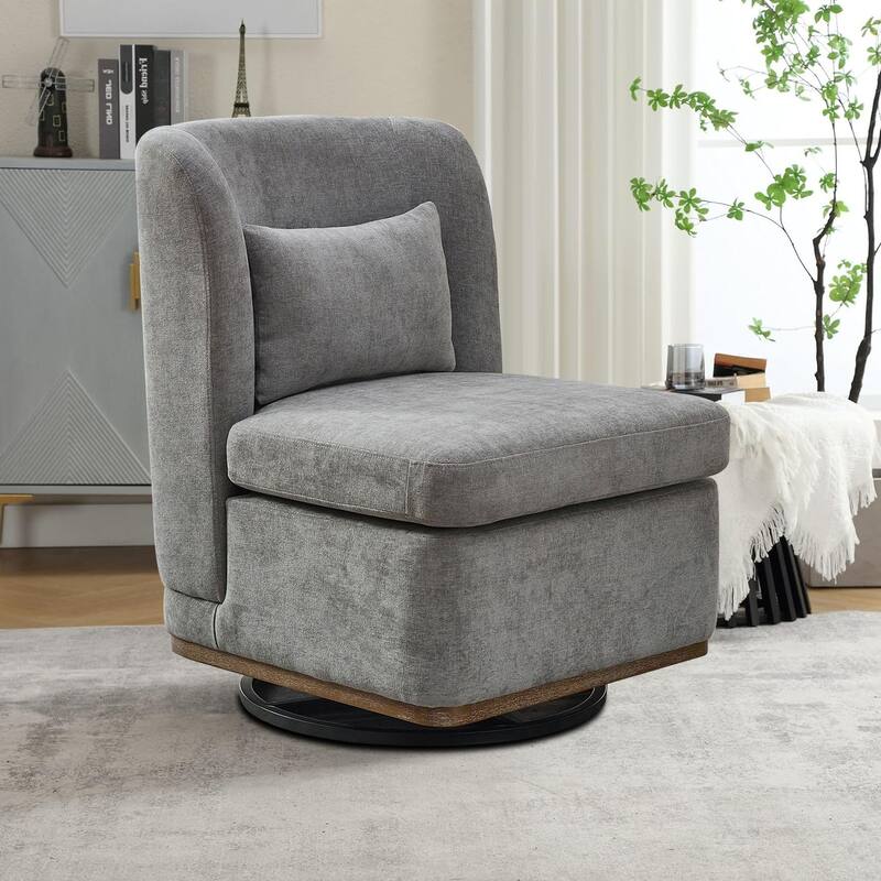Modern minimalist sofa chair with pillows and metal swivel base for bedroom living room den - Gray