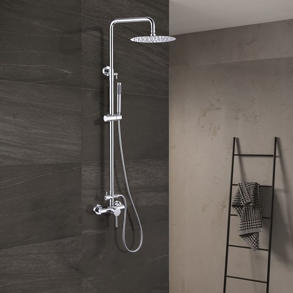 dimension image slide 4 of 5, Outdoor 10 Inch Round Rain Shower Set with Handheld Shower (Adjustable Slider)
