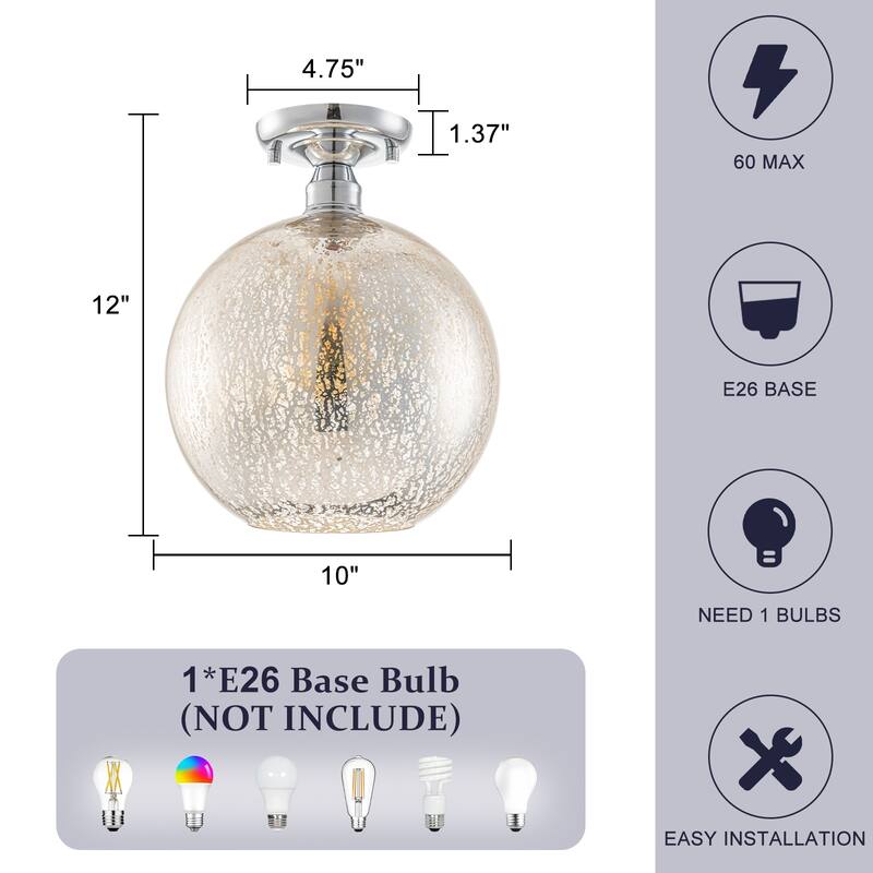 1 Light Semi-Flush Mount Ceiling Light with Cognac Crackle Glass Globe - Dia.10-in