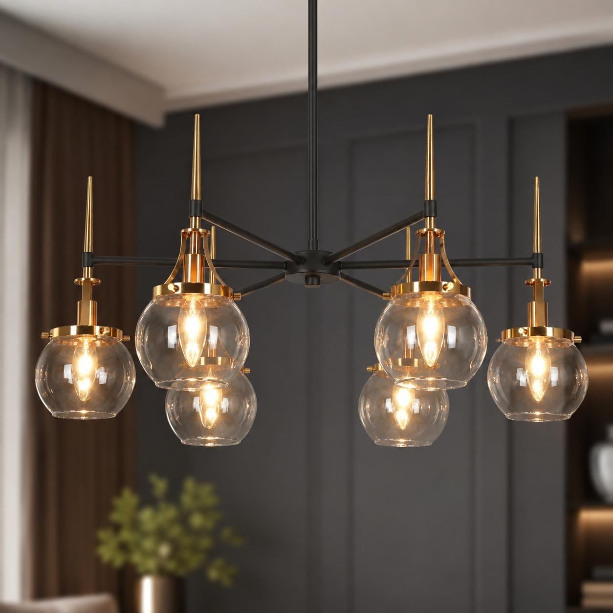Beta Modern 6-Light Black Gold Glass Wheel Chandelier for Dining Room - 27.6'' Dia. x 12.6'' H