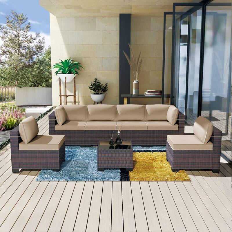 Kullavik 7 Pieces Outdoor Sectional Sofa Set Brown Wicker Patio Conversation Set with Seat Cushions and Tempered Glass Table