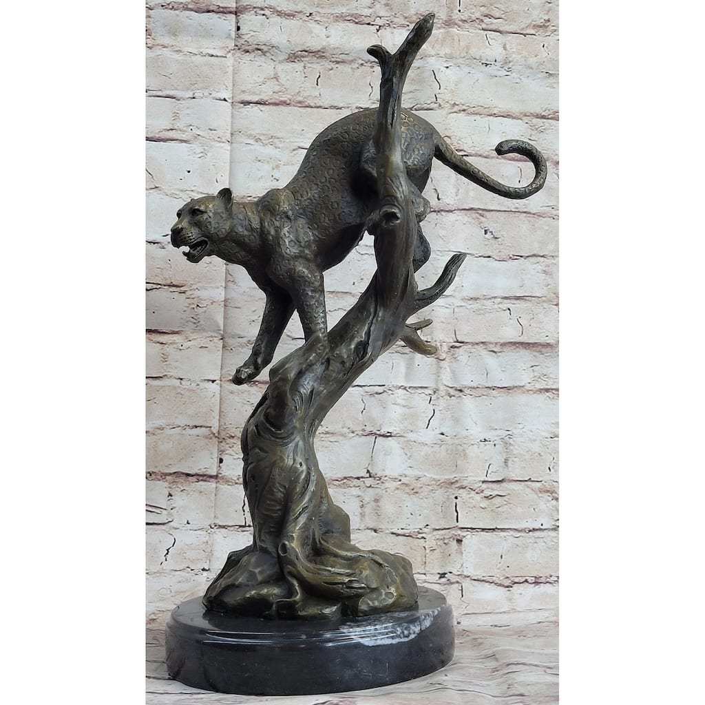 Puma Cougar Mountain Lion On Tree Branch Bronze Statue Sculpture Figurine Decor
