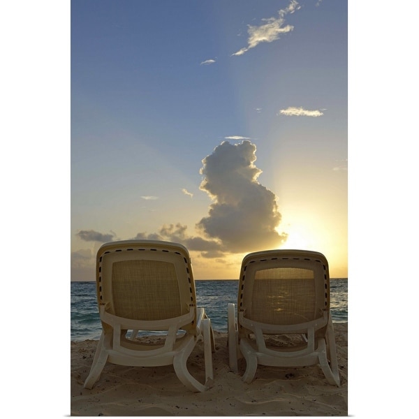 "Sunloungers on a tropical beach at sunrise" Poster Print