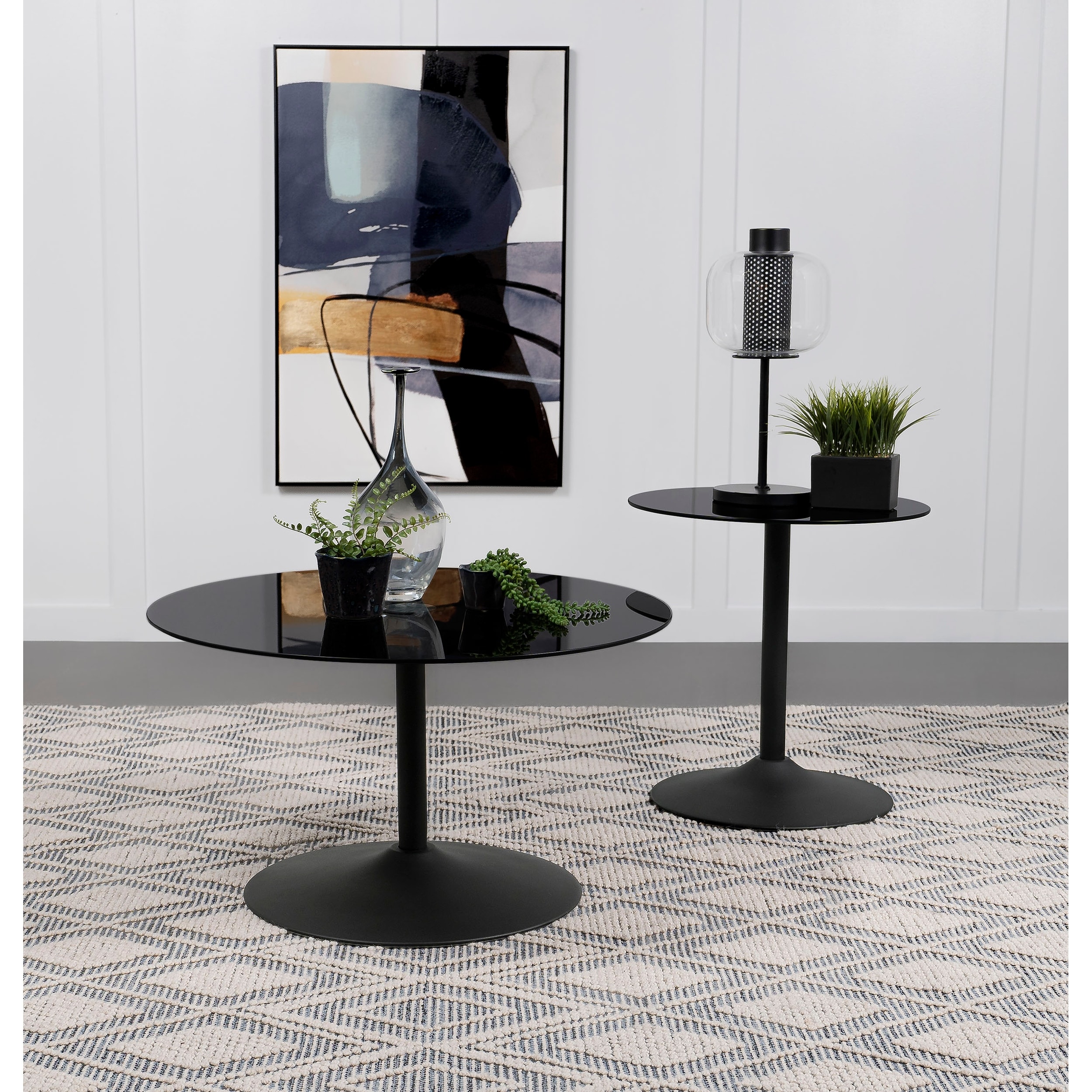 Ganso Round Glass Top Coffee And End Table Set Black
