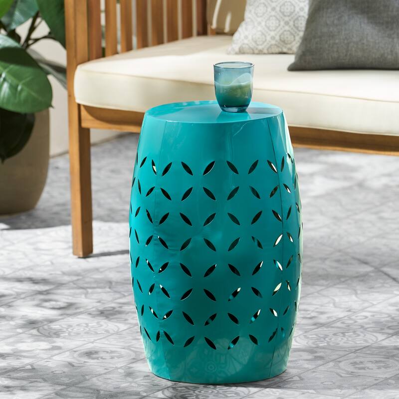 12.25" Modern Round Side Table with Barrel Structure and Iron-cut Design for Living Room or Bedroom