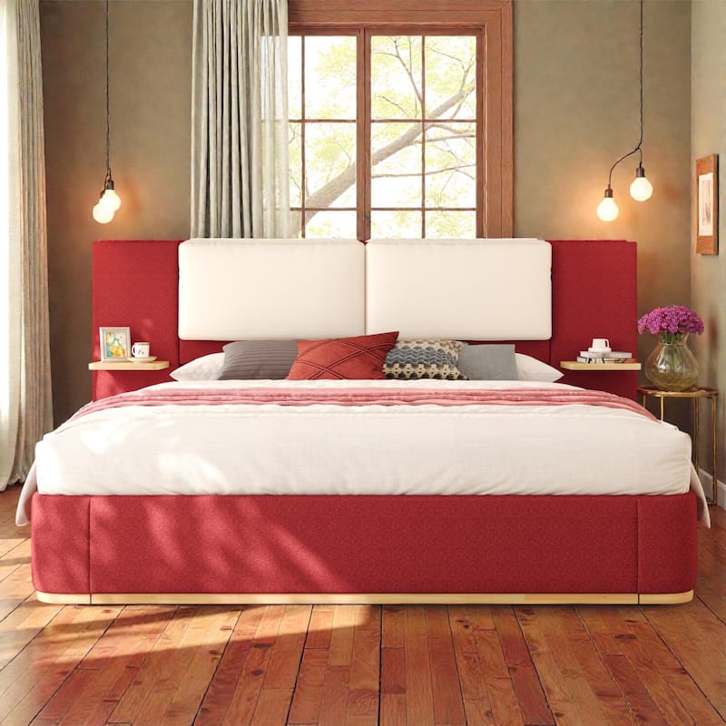 Upholstered Platform Bed Frame with Side Storage Panels, Soft Rounded Corners, Cushioned Headboard & No Box Spring Needed - Red - King