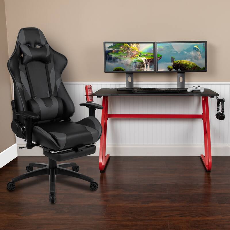 Desk Bundle - Gaming Desk, Cup Holder, Headphone Hook and Reclining Chair - Grey