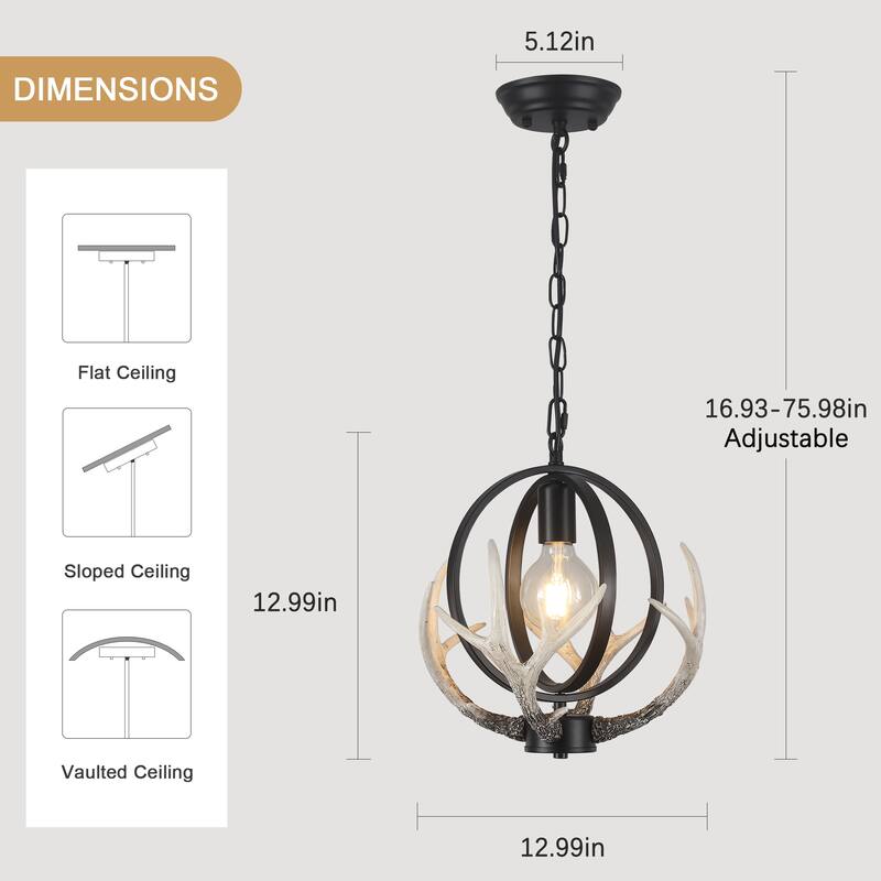 13inch Single Light Antler Rustic Farmhouse Style with Metal Frame Chandelier