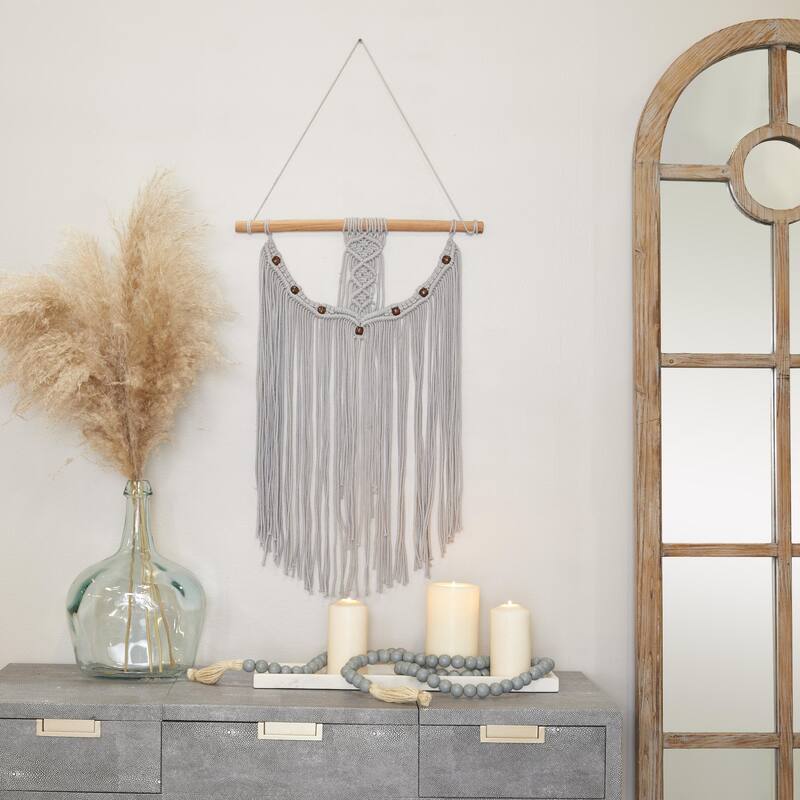 Cotton Fabric Macrame Handmade Intricately Weaved Wall Decor with Beaded Fringe Tassels - Gray - Roche River Decor