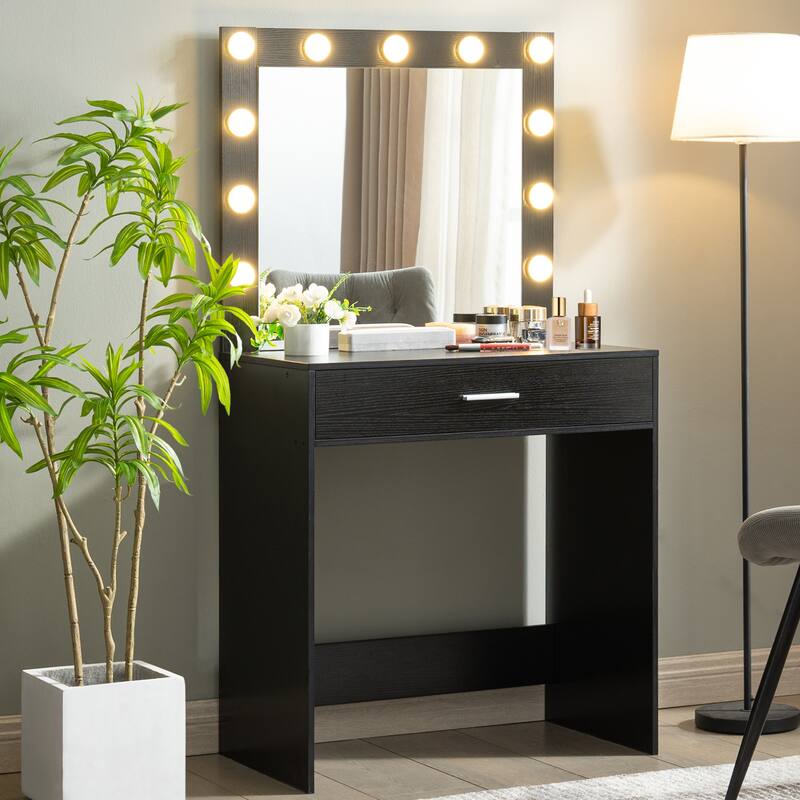 Girls Makeup dressing Table with 3 Color LED Lighting Modes - Black