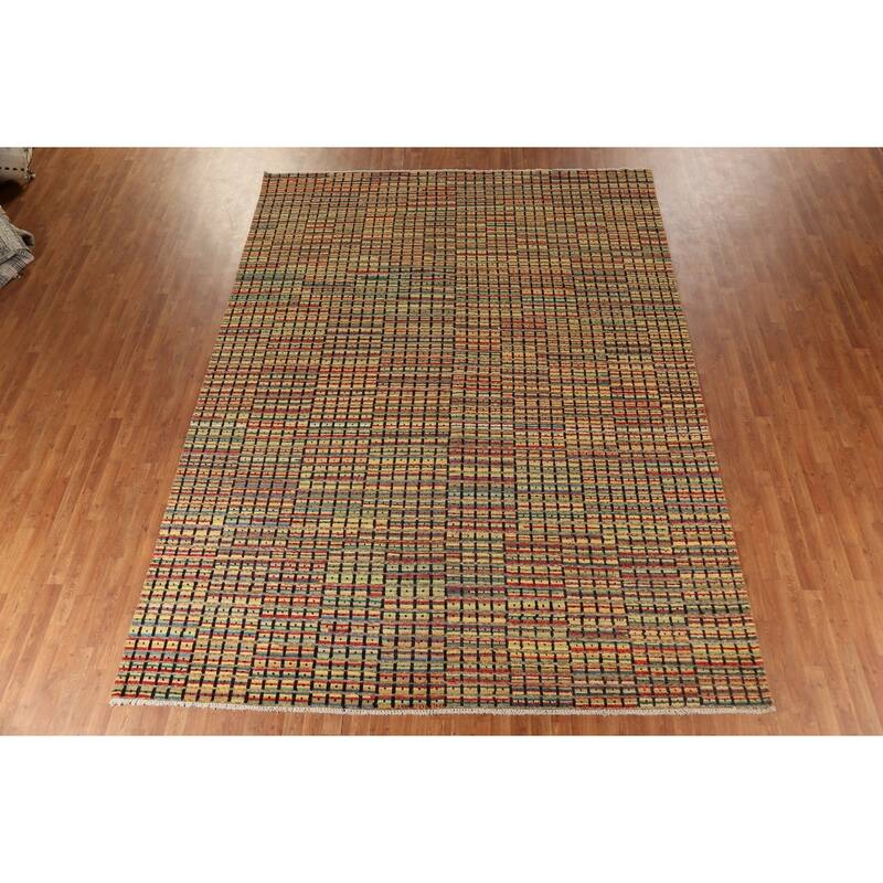Striped Multicolor Moroccan Oriental Area Rug Hand-Knotted Wool Carpet - 9'1"x 12'6"