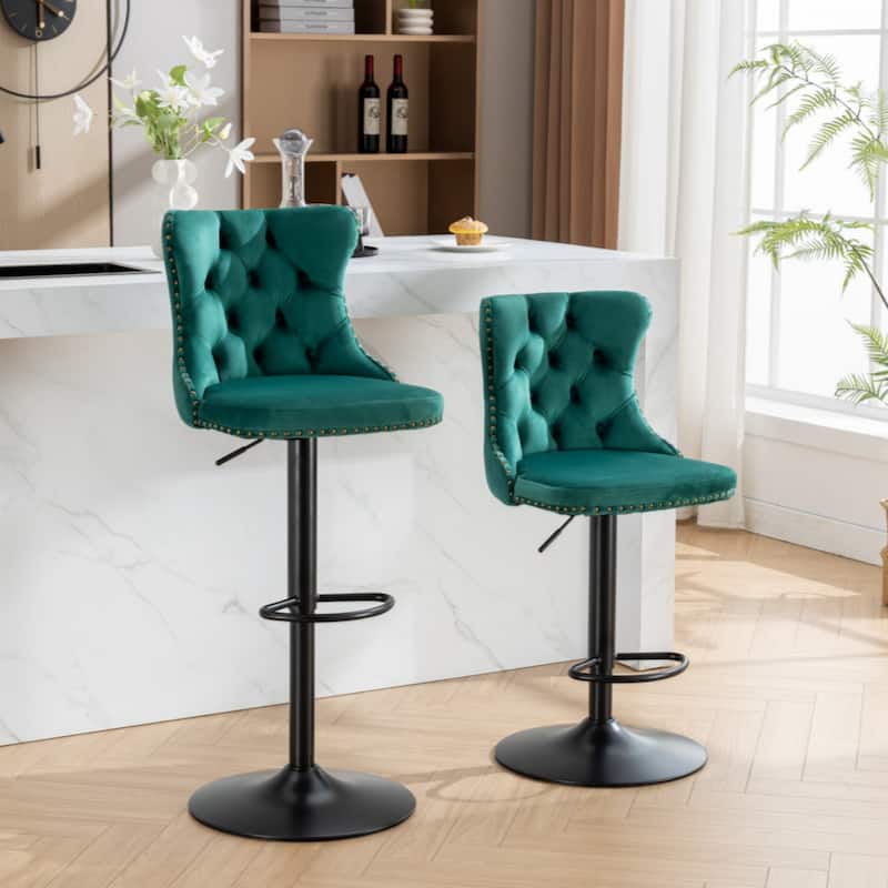 Modern Upholstered Bar Stools with Backs Comfortable Tufted for Home Pub and Kitchen Island,Green,Set of 2 - Green