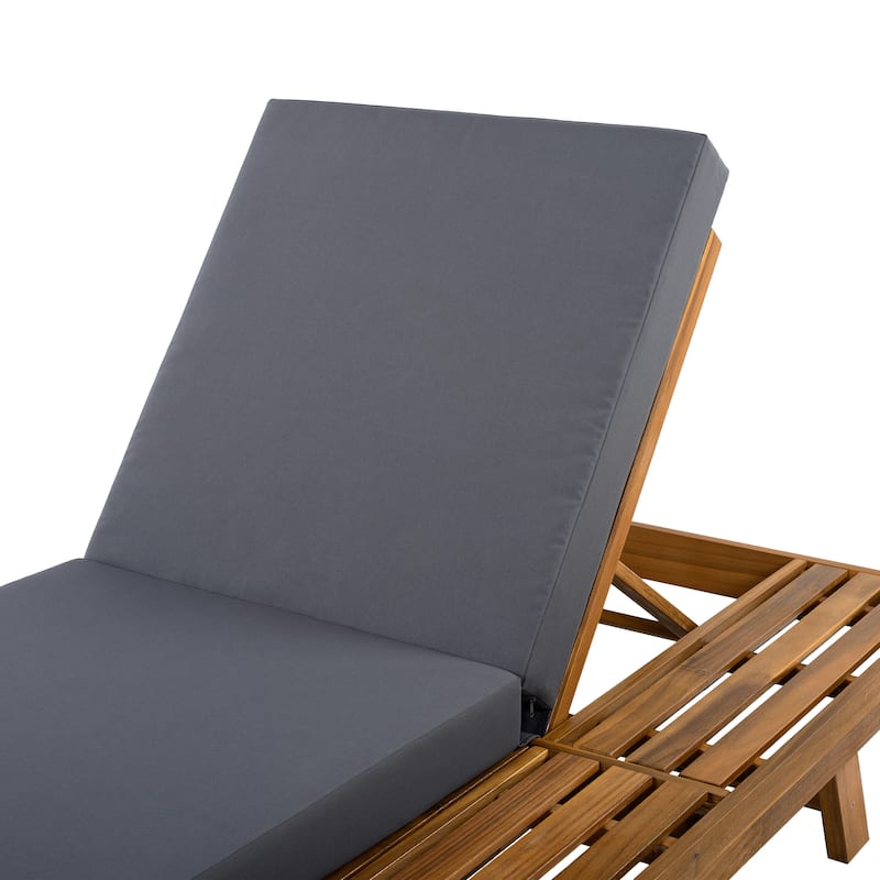 One-sided Open Storage Lounge Chairs Outdoor Patio Acacia Wood Chaise Lounge with Adjustable Backrest & Water-repellent Cushions