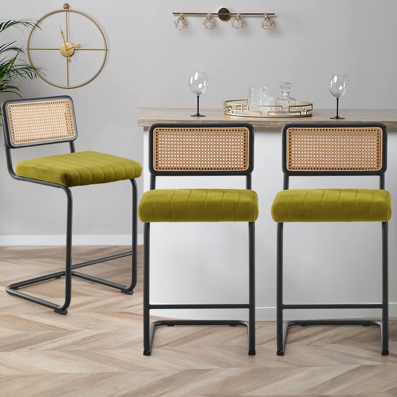 Velvet Upholstered Rattan Counter/Bar Stools, Set of 2/3