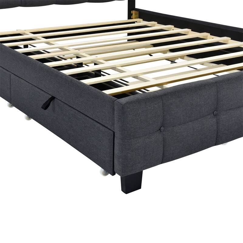 Queen Size Upholstered Platform Bed w/ LED Frame, Twin XL Size Trundle
