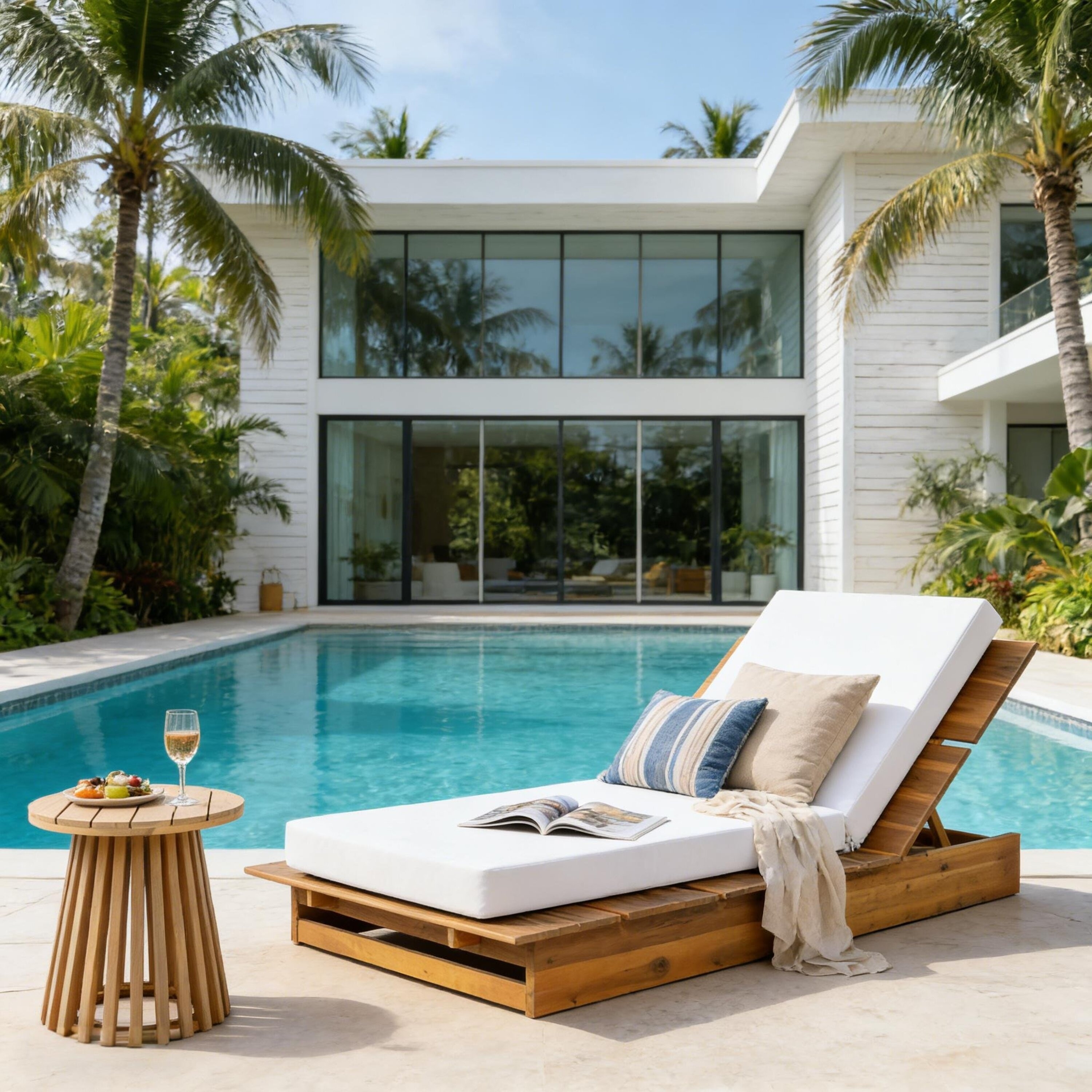 Acacia Wood Lounge Chair with Adjustable Cream Cushion and Three Recline Positions