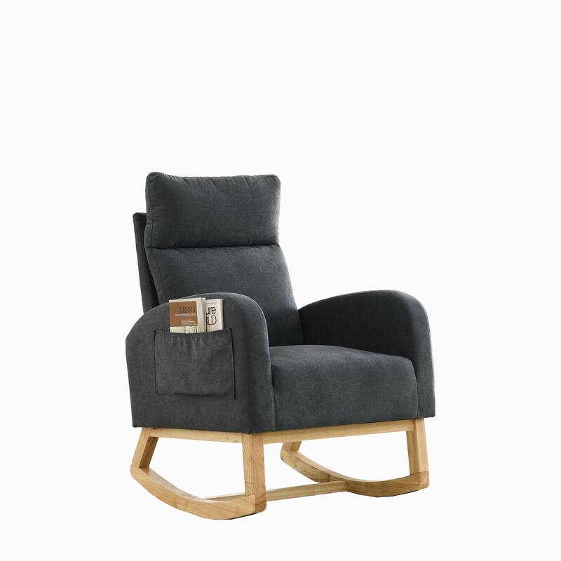 Dark Grey Modern 27.6" High Back Upholstered Rocking Chair with Two Side Pocket and Sturdy Thickened Rubber Wood Base