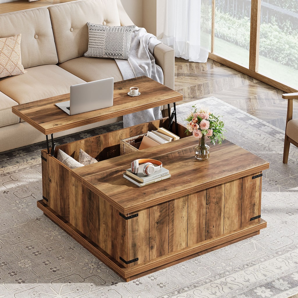Farmhouse 33.46" Lift Top Square Coffee Table with Hidden Storage - 33.46"D x 33.46"W x 19.7"H