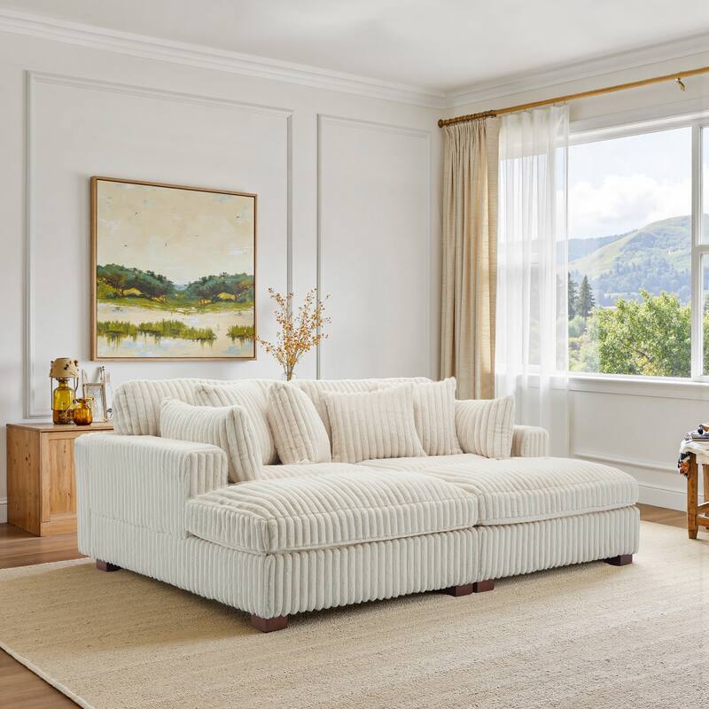 Modular Sectional Fabric Sofa for Living Room & Bedroom - White 4 Pillows