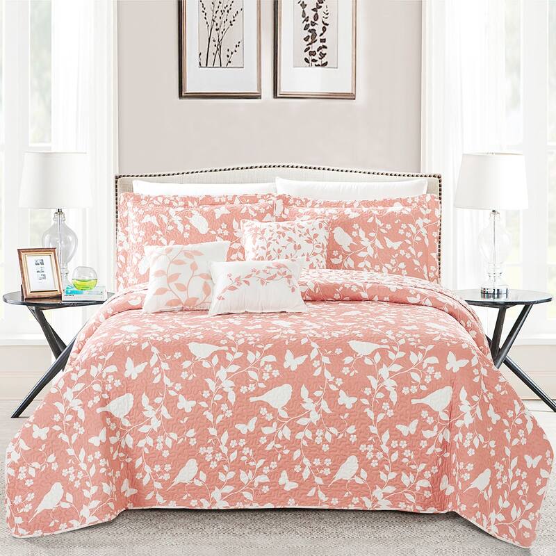 Serenta Birdsong 6-piece Quilted Bedspread Coverlet Set - Coral - Queen