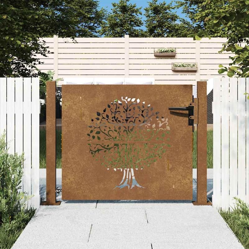 vidaXL Garden Gate Decorative Door Outdoor Fence Corten Steel Tree Design - 43.3 x 31.5"