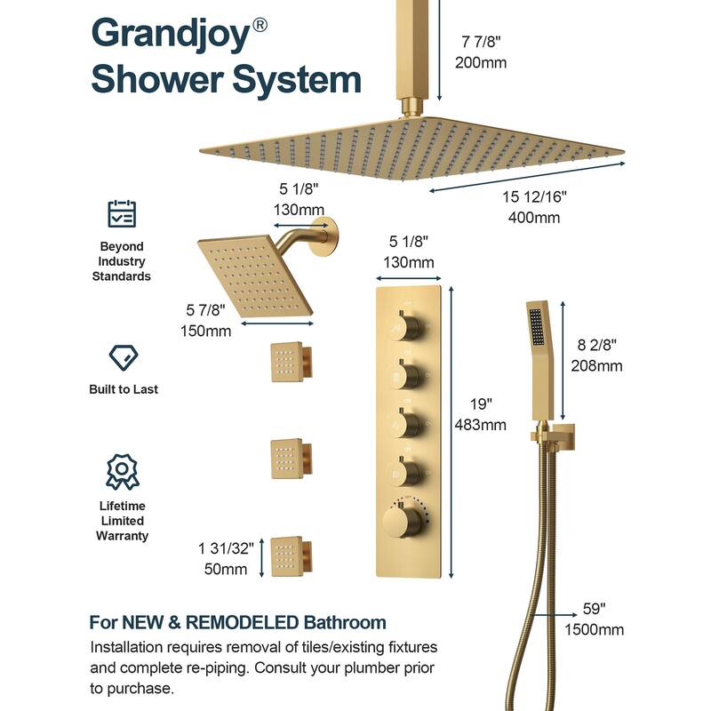 GRANDJOY Thermostatic Shower Faucet Set 16" Ceiling and 6" Wall Mounted Dual Shower Heads Handheld Shower Spray Body Jets
