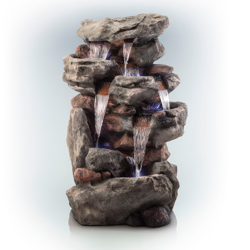 Alpine Corporation WIN730 52" Brown Outdoor Floor Tiered Rainforest Rock Fountain with LED Lights