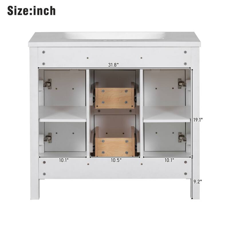 Transitional 36" Bathroom Vanity Cabinet with Stain-Resistant Resin Sink, 4 Drawers, 2 Doors, Adjustable Storage