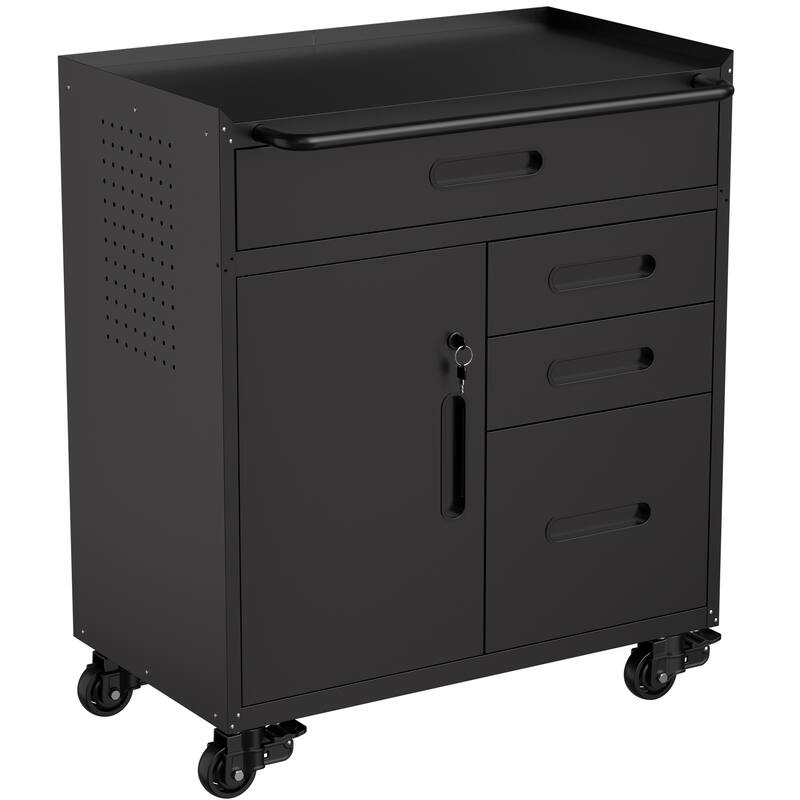 34.3" Mobile Tool Storage Cabinet - Garage Organizer with Lockable Compartment & 4 Drawers, Rolling Steel Chest