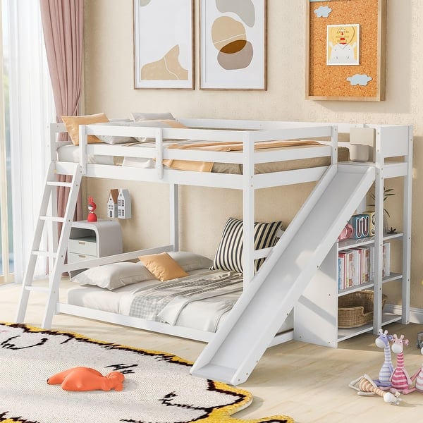 slide 2 of 15, Minimalist Design Full over Full Wooden Bunk Bed with Slide,Built-In Sloping Ladder and Storage Shelves White