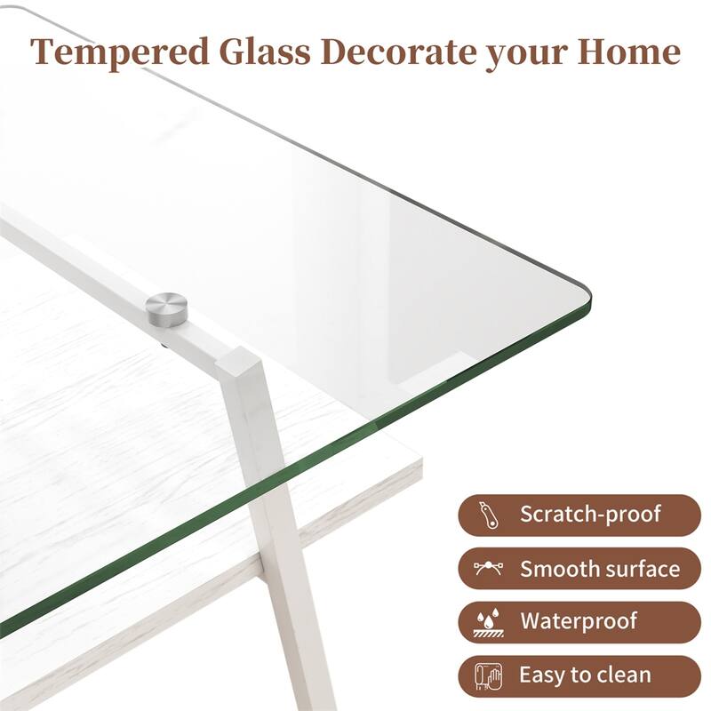 Rectangle Coffee Table, Tempered Glass Tabletop with White Metal Legs