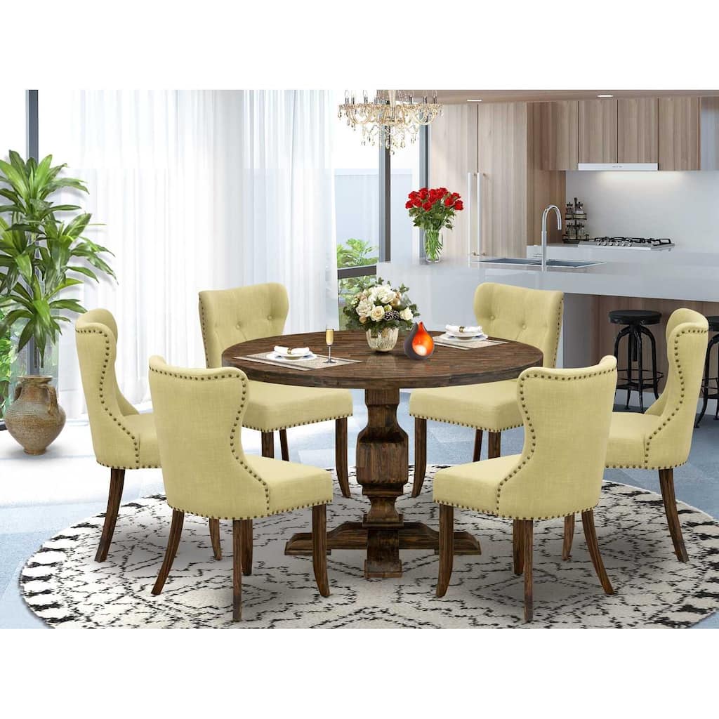 HomeStock 7-Piece Distressed Jacobean Finish Solid Wood Top Dining Table with 6 Parson Chairs