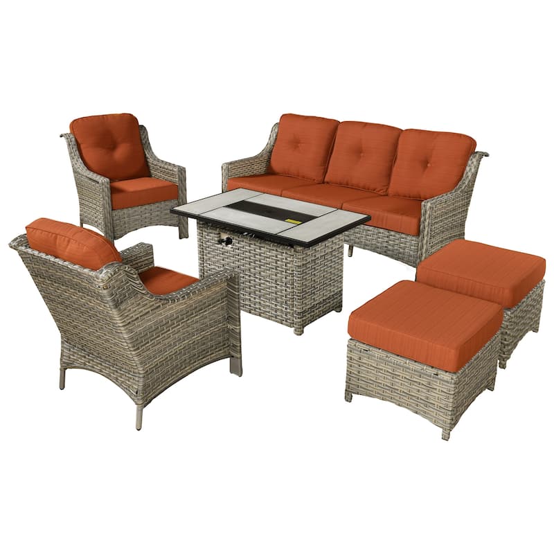 XIZZI 6-piece Rattan Wicker Outdoor Furniture Deep Seat Sofa Set with Fire Pit