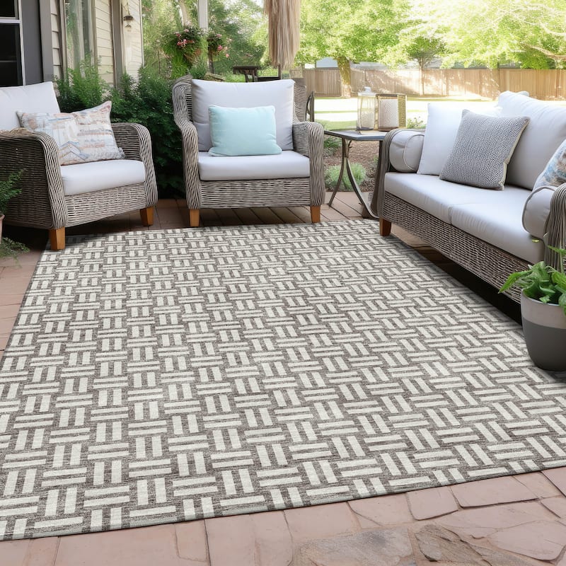 Machine Washable Indoor/ Outdoor Chantille Contempory Crosshatch Rug - Taupe - 3' x 5'