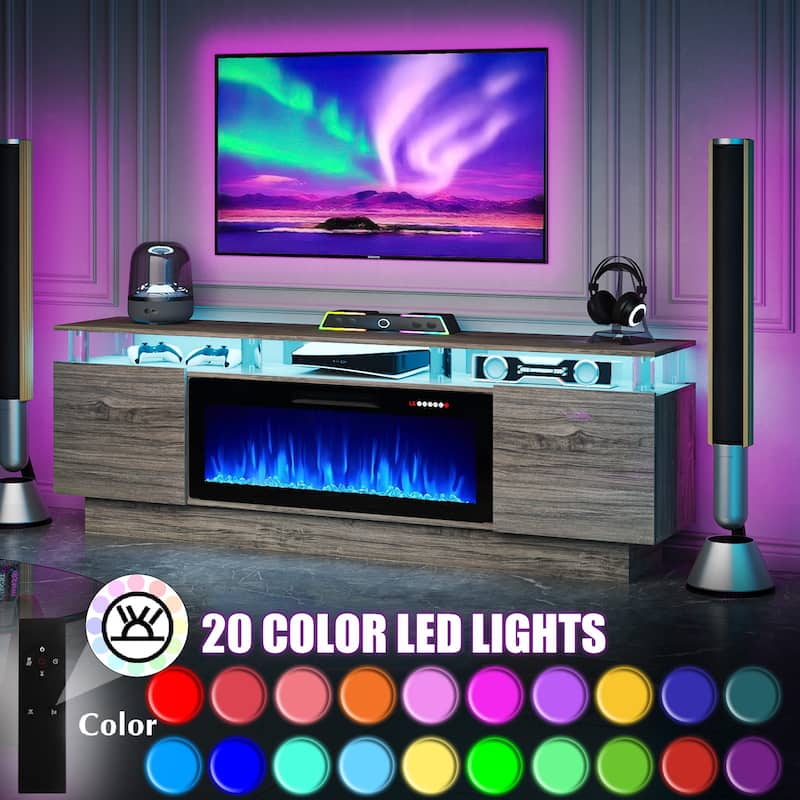 BOSSIN 70 Fireplace TV Stand with 36 Electric Fireplace， LED Light Entertainment Center Modern 2-Tier TV Console Stand