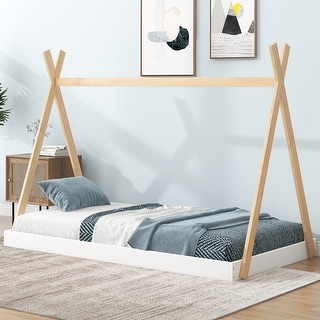 Twin Size Tent Floor Kids Bed Frame with Triangle Structure, Sturdy Solid Wood Frame, X-Shaped Safety Railings, White+Natural