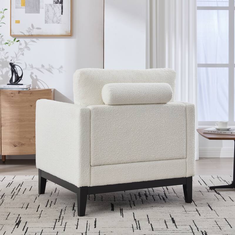 Modern Accent Chair with Wood Base, Boucle Upholstered Armchair with 2 Bolster Pillows, Single Sofa Chair for Living Room