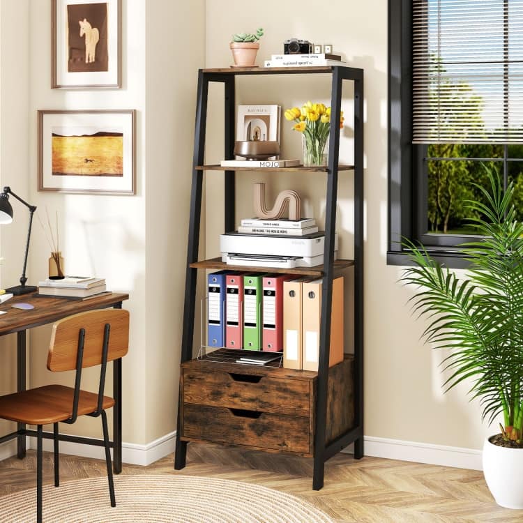 Ladder Bookshelf 4-Tier Freestanding Bookcase with Drawers - 20.5" x 15.5" x 52.5"