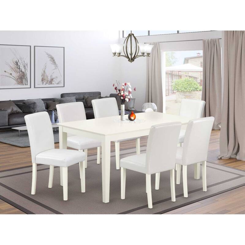 HomeStock 7-Piece Rectangle Linen White Finish Solid Wood Top Dining Table with 6 Parson-Chairs with Lattice Back