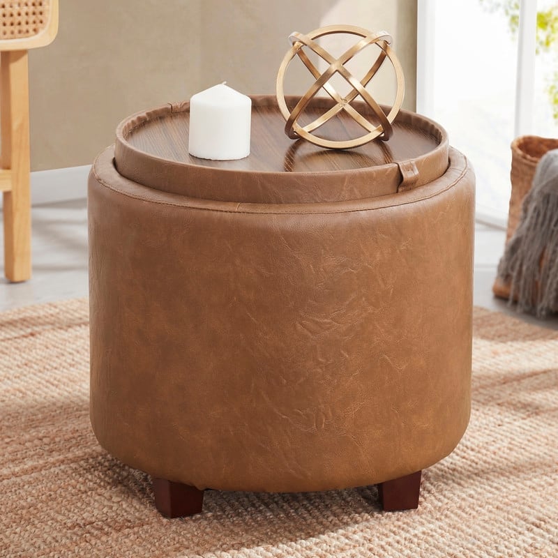 Ornavo Home Lawrence Round Storage Ottoman with Lift Off Lid and Tray Lid Coffee Table
