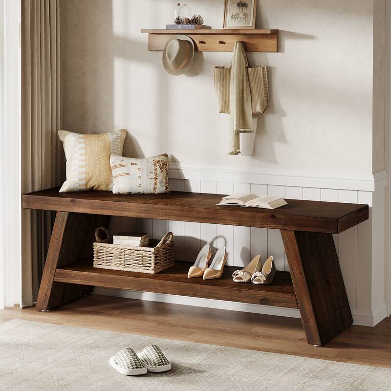 2-Tier Solid Wood Entryway Bench - Vintage Brown