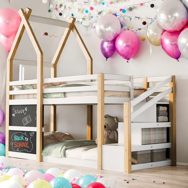slide 2 of 15, Twin over Twin House Bunk Bed with Staircase and 2 Blackboards White and Natural
