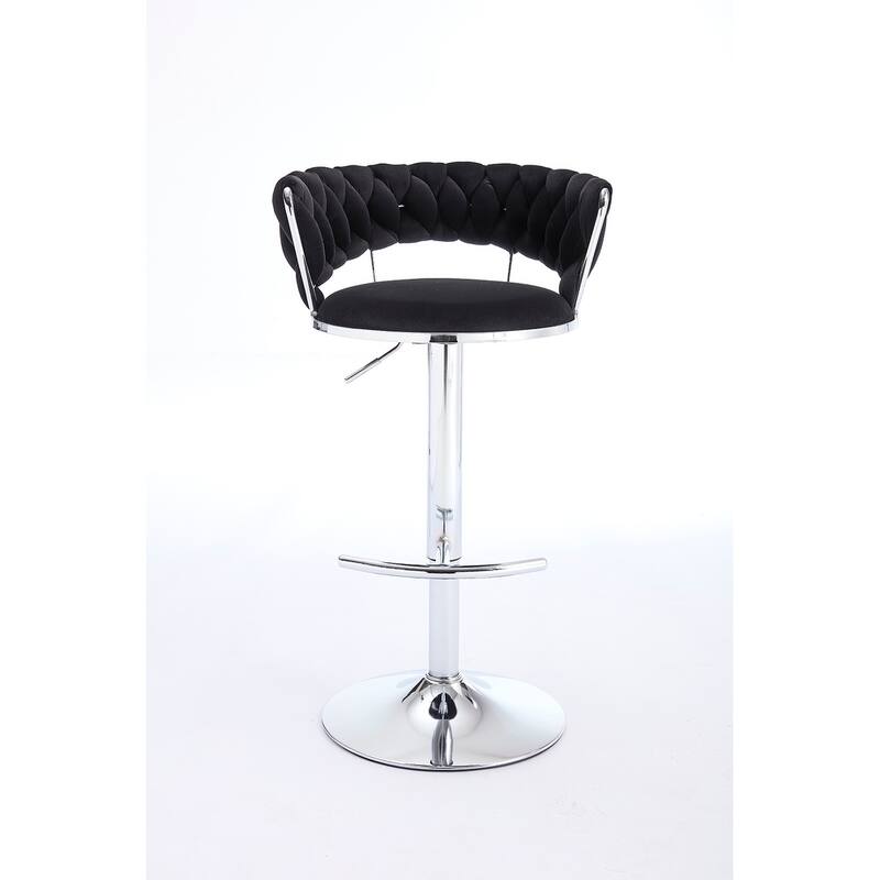 Set of 2 Bar Stools,with Chrome Footrest and Base Swivel, Height Adjustable, Velvet Upholstered + Chrome Leg Simple Bar Stool