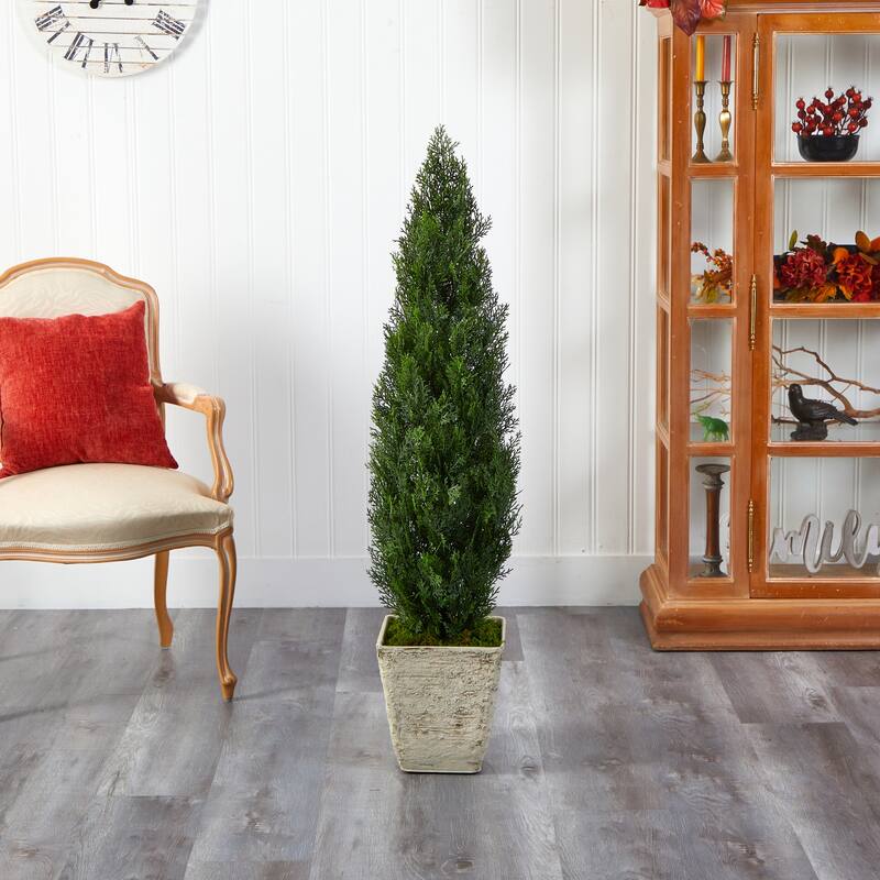 51" Cedar Artificial Tree in Country White Planter (Indoor/Outdoor) - 11.5"