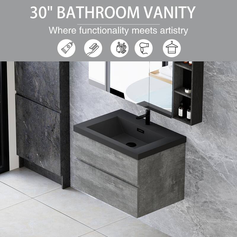 36" Wall-Mounted Floating Vanity with Premium Quartz Sand Basin, Grey Modern Storage Cabinet