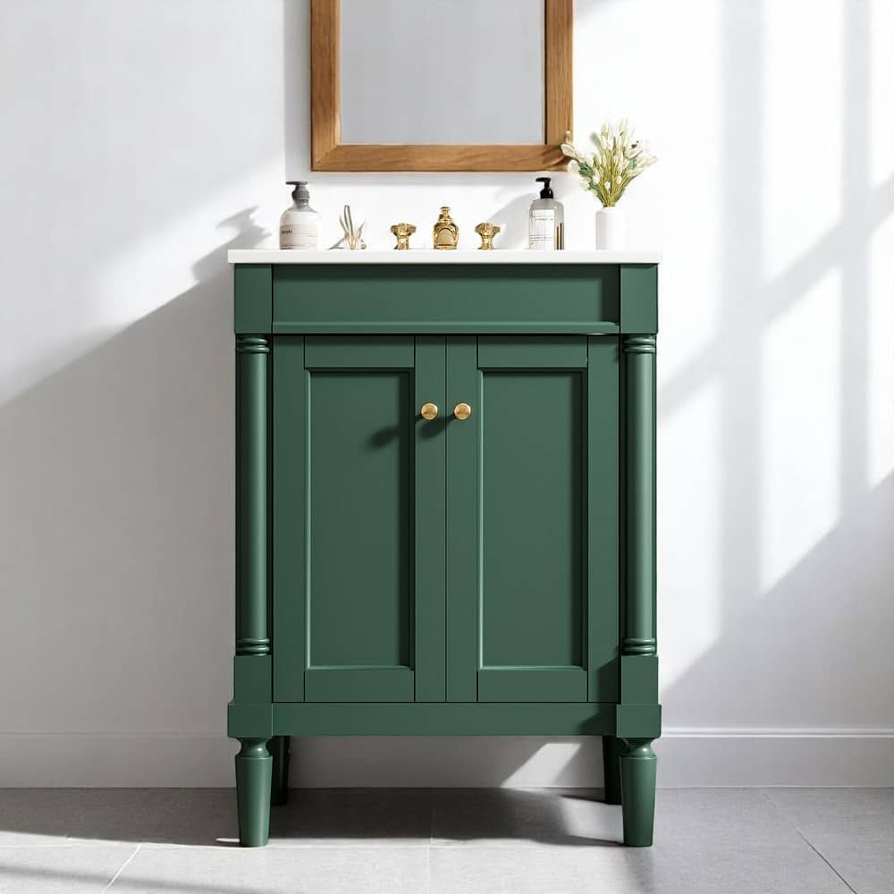 24 Inch Freestanding Bathroom Vanity with Sink, 2-Tier Enclosed Storage Shelves, Drop-in Ceramic Top